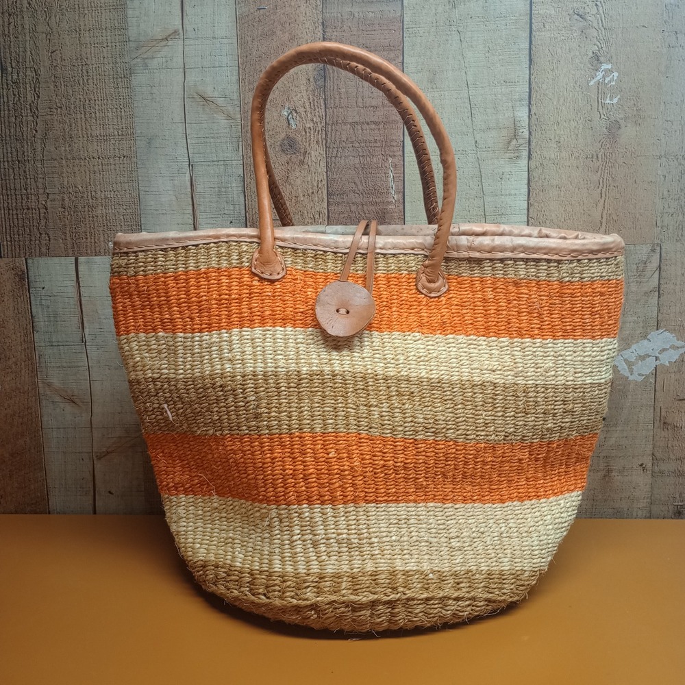 Handwoven Sisal Market Tote Bag Orange Tan Striped Woven Basket Leather Handles